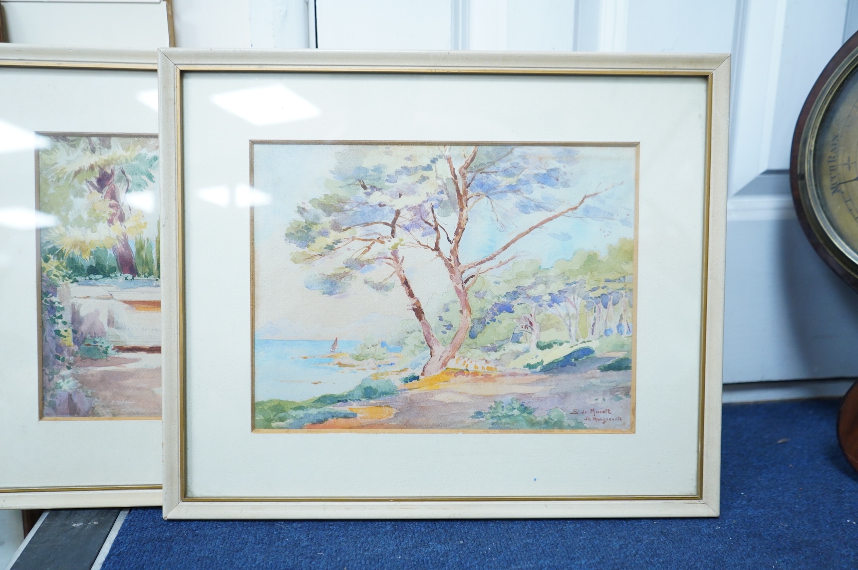 Italian School, ‘St. Marguerite and Parenzo’, each indistinctly signed and inscribed, pair of watercolours together with a similar impressionist oil, Figures before buildings, 21 x 24cm